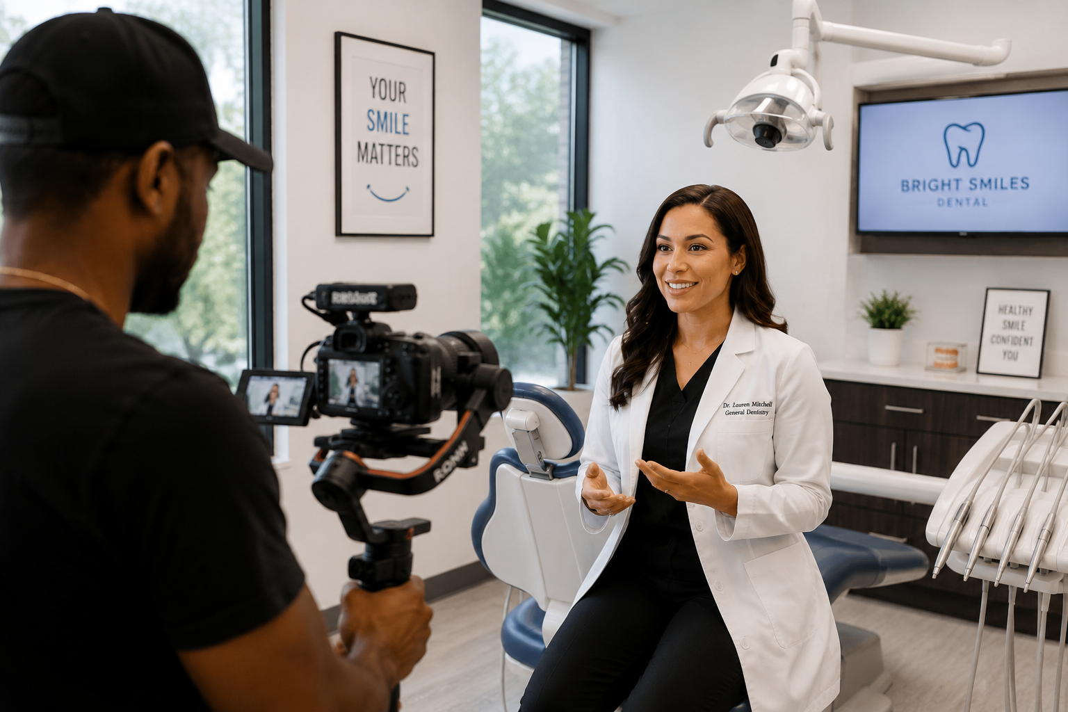 A Born for Prosperity videographer filming professional content with a smiling dentist inside her modern practice